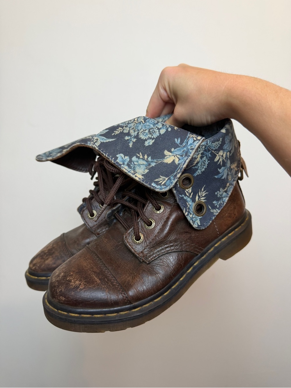 Dr. Martens Brown Leather Combat Boots with Blue Floral Cuff